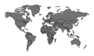 World map with country borders gray political map for