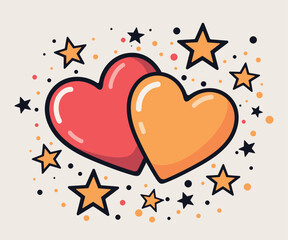 Two vibrant vector hearts with outlines, surrounded by stars. This striking design is perfect for Valentine's Day, love-themed projects, websites, social media, greeting cards, and romantic promotions