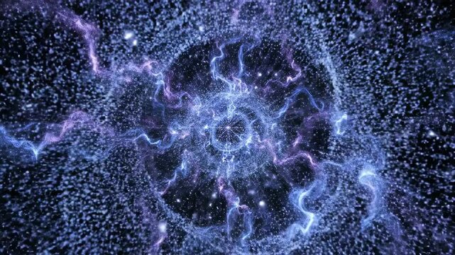 Seamless loop of glowing blue and purple subatomic particles interacting within a complex energy field simulation data, quantum, simulation