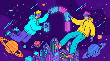 Naklejka premium Two people building virtual blocks in space