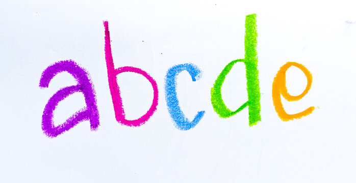 Crayon alphabet isolated over white background, Letters abcd. Colorful hand drawing crayon texture