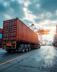 Truck transporting shipping container through industrial area. Intermodal transportation connecting port to inland destinations freight distribution network for global supply chain logistics concept.M