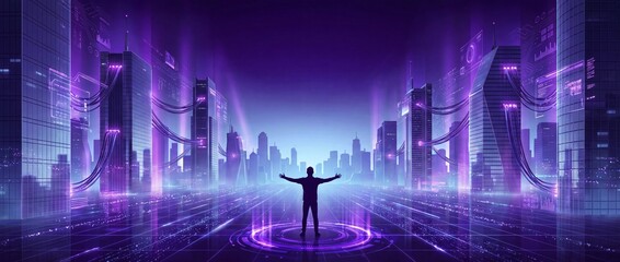 Futuristic city silhouette person