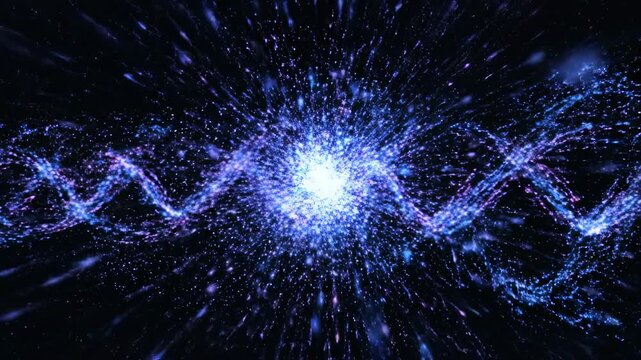Seamless loop of glowing blue and purple subatomic particles moving rapidly in a complex rhythmic flow against a deep black void abstract, pulsing, network