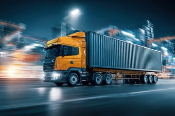 Truck transporting shipping container through industrial area. Intermodal transportation connecting port to inland destinations freight distribution network for global supply chain logistics concept.M