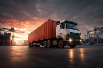 Truck transporting shipping container through industrial area. Intermodal transportation connecting port to inland destinations freight distribution network for global supply chain logistics concept.M