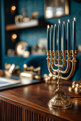 Mid-Century Sophistication: Walnut and Deep Teal Home Office with Menorah and Moody Ambient Light