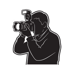 Bold graphic silhouette of a professional photographer actively capturing a moment with a digital camera and external flash, symbolizing media, events, and visual documentation