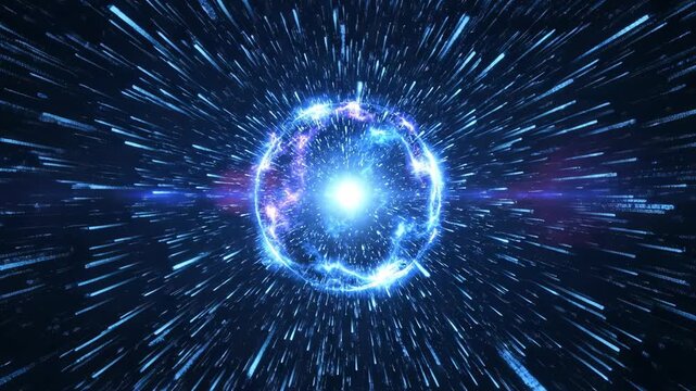 Seamless loop of glowing blue data streams converging into a central, pulsating singularity core future, computing, server