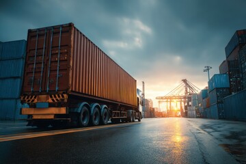 Truck transporting shipping container through industrial area. Intermodal transportation connecting port to inland destinations freight distribution network for global supply chain logistics concept.M