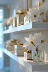 Golden Holiday Minimalism: Close-up of White Shelves with Poinsettias and Elegant Gift Boxes