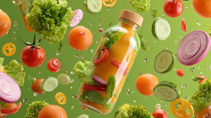 Playful salad poster with floating veggies and dressing bottle decorations 