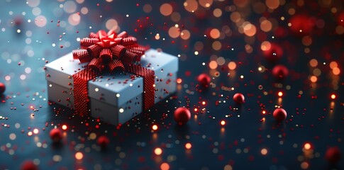 Merry Christmas and Happy Holidays greeting card, frame, banner. New Year. Red Christmas decorations, gift box