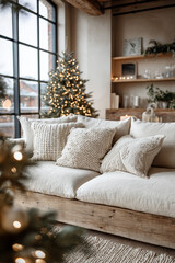 Luminous Hygge: Scandinavian Living Room with Low-Profile Sofa and Christmas Bokeh in Warm Tones