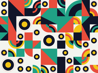 Obraz premium Dynamic Geometric Abstract Pattern with Modern Shapes and Vibrant Colors; Creative Graphic Design Background Featuring Retro-Inspired Elements and Bold Forms