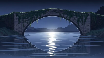Moonlit Arch Bridge Over Calm Water with Mountain Reflection at Night.