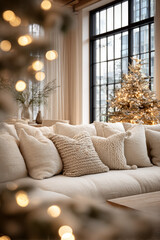 Luminous Hygge: Scandinavian Living Room with Low-Profile Sofa and Christmas Bokeh in Warm Tones