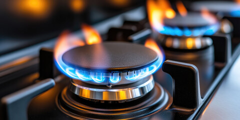 Clear blue flame burning cleanly on a gas stove burner with a touch of orange at the tips, symbolizing efficient energy, heating, household utility and modern kitchen appliances. Copy space