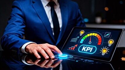 Businessman interacting with a digital tablet displaying KPI metrics and performance indicators. - Powered by Adobe