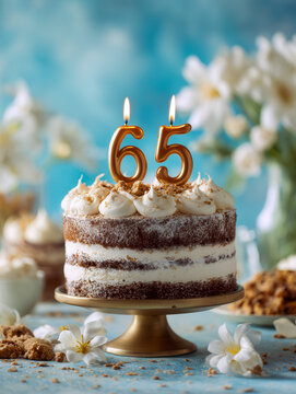 Elegant homemade layered birthday cake adorned with whipped frosting and lit candles displaying number 65 for a joyful celebration event