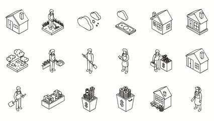 This vector set features isometric line art icons representing farming, rural architecture, agricultural workers, and natural elements for digital design projects.