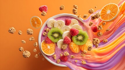 Vibrant smoothie bowl poster with floating fruit slices and granola clusters 