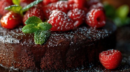 Chocolate cake with raspberries and mint