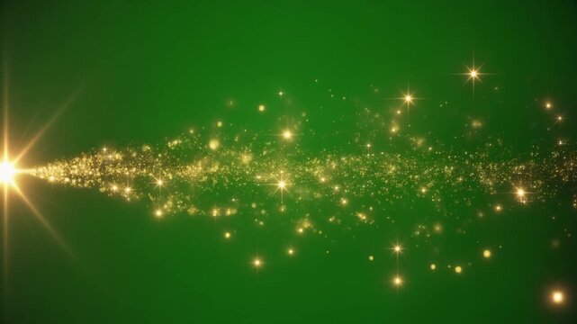 Estrella de Bel&eacute;n desplaz&aacute;ndose suavemente de izquierda a derecha sobre un fondo verde chroma key neutro. La estrella emite un brillo c&aacute;lido e intenso, dejando tras de s&iacute; una estela de polvo