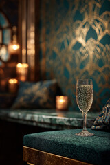 Opulent Art Deco: Emerald Green Powder Room with Geometric Wallpaper and Champagne Glow