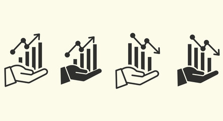 A clean outline icon showing a hand holding growing bar charts, symbolizing financial growth, business improvement, and analytics.