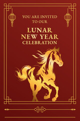 Elegant Lunar New Year Celebration Invitation Card Design. Chinese New Year 2026 Golden Horse