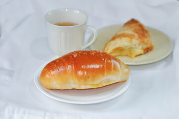 Shio Pan, Salzstangerl bread or Austria bread or Japanese bread with puff and hot tea