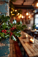 Rustic Christmas: Festive Dining Room Wall with Exposed Brick, Wood Bench, and Holly Berry Bokeh