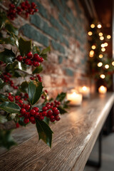 Rustic Christmas: Festive Dining Room Wall with Exposed Brick, Wood Bench, and Holly Berry Bokeh
