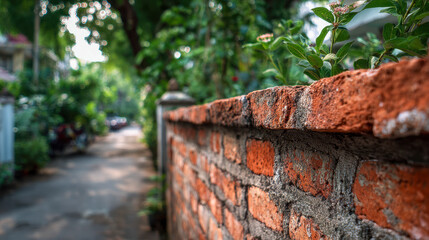 Obraz premium Red brick wall along a sunlit pathway lined with lush green trees and plants in a peaceful suburban neighborhood on a bright day
