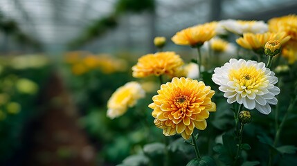 Close-up detail of a potted chrysanthemum plant with dual-colored yellow and white blooms and fresh green stems in a blurred greenhouse scene.