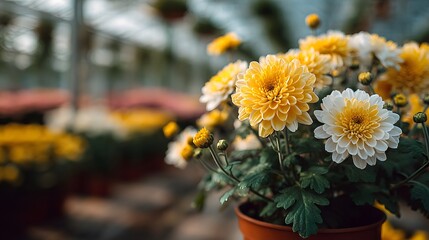 Close-up detail of a potted chrysanthemum plant with dual-colored yellow and white blooms and fresh green stems in a blurred greenhouse scene.