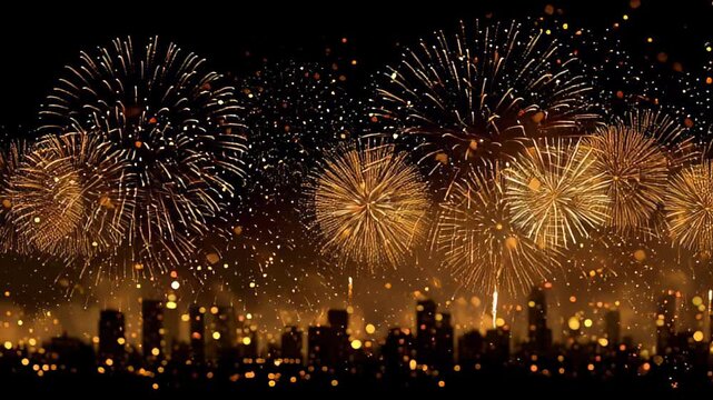 Vibrant fireworks exploding over a city skyline at night with a dark sky and illuminated buildings below.
