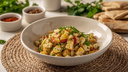 Fattoush Salad, crisp lettuce, tomatoes, cucumbers, radish, mint, toasted pita pieces, lemon-sumac dressing, refreshing Middle Eastern dish visuals
