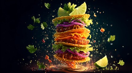 Vibrant taco poster with layered ingredients exploding upward, lime wedge and cilantro decorations 