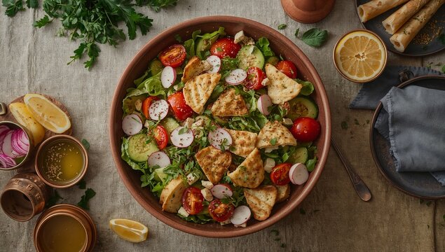 Fattoush Salad, crisp lettuce, tomatoes, cucumbers, radish, mint, toasted pita pieces, lemon-sumac dressing, refreshing Middle Eastern dish visuals
