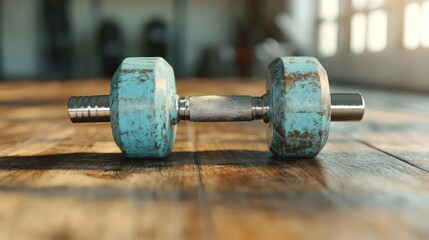 Close-up of a weathered aqua dumbbell resting on a warm wooden floor in a gym environment