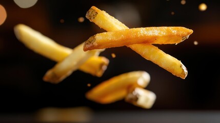 Dynamic french fries composition exhibiting mid-air levitation against a dark ambiance