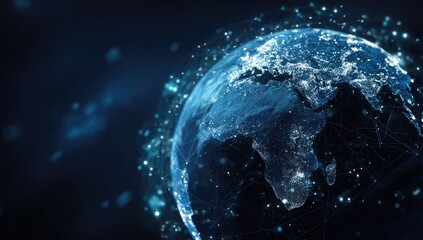 Glowing, networked earth image showcases continents amid connected light dots on a dark background