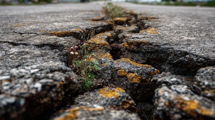 Fototapeta premium Nature finds a way as small plants grow through cracks in the cracked pavement under warm light.