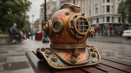A vintage diving helmet sits proudly on a wooden bench as rain falls gently drawing attention.