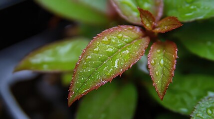 Crimson-edged leaves adorned with glistening raindrops showcase nature's delicate beauty and