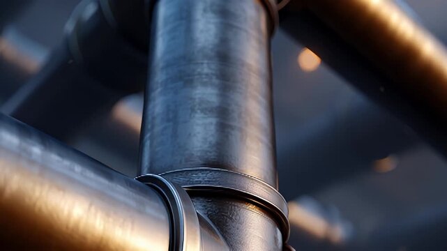 Metal pipe junction with warm bokeh lighting and shallow depth of field pipe junction fitting plumbing steel metal brushed texture industrial connection showcasing metallic joint flange cylindrical