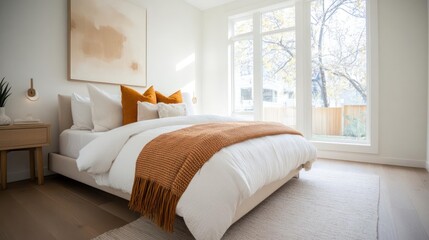 Bright bedroom featuring a cozy bed with white linens and burnt orange accents near a large window