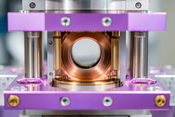 Advanced precision mechanical component with copper core and purple metallic framework in a high-tech industrial or laboratory setting for engineering applications